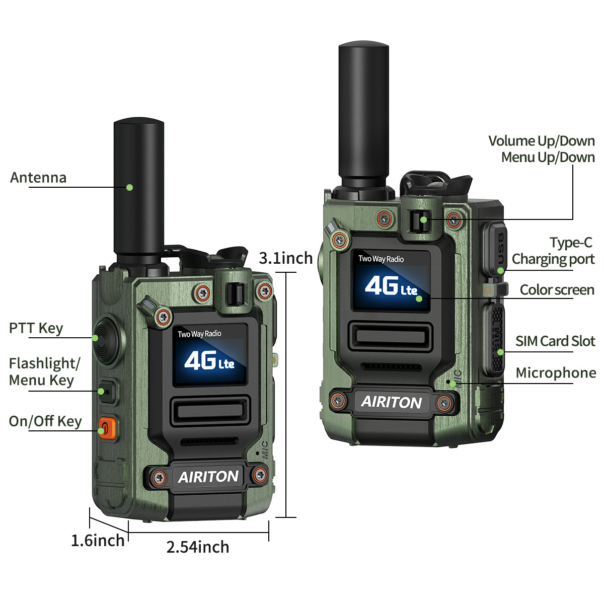 AIRITON RADIO AI-G7 4G LTE POC Handheld Two-Way Radio | Unlimited Range, Lifetime Free, Type-C Fast Charging (Green)