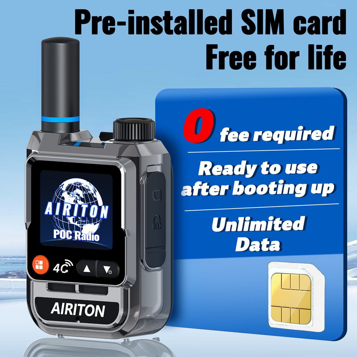 AIRITON RADIO AI-198 4G LTE POC Handheld Two-Way Radio | Unlimited Range, Lifetime Free, 1.77" Color Screen Walkie Talkie