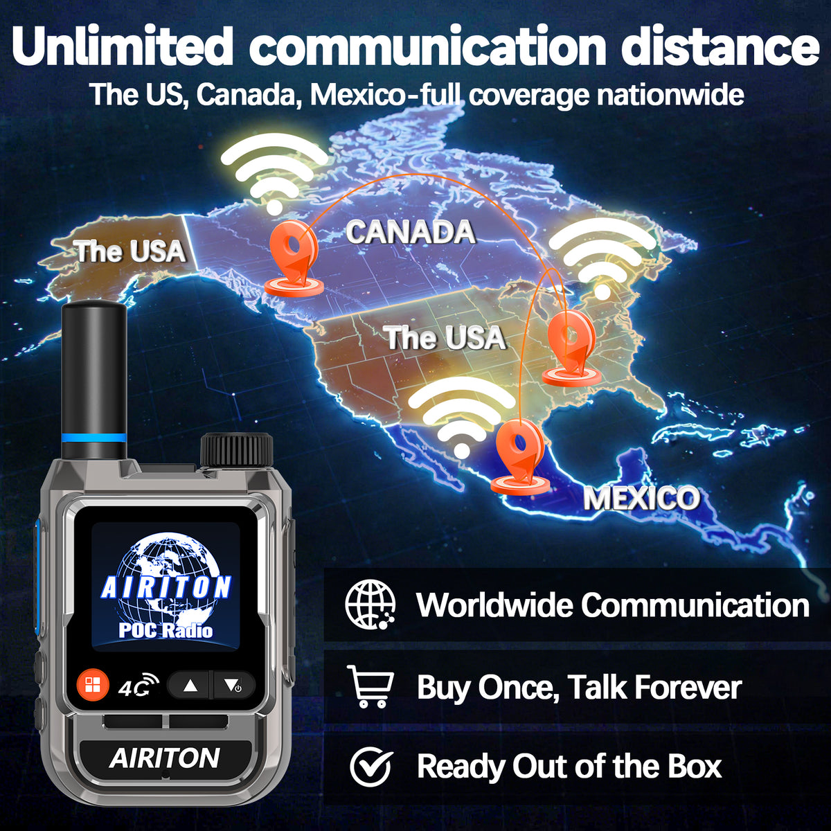 AIRITON RADIO AI-198 4G LTE POC Handheld Two-Way Radio | Unlimited Range, Lifetime Free, 1.77" Color Screen Walkie Talkie