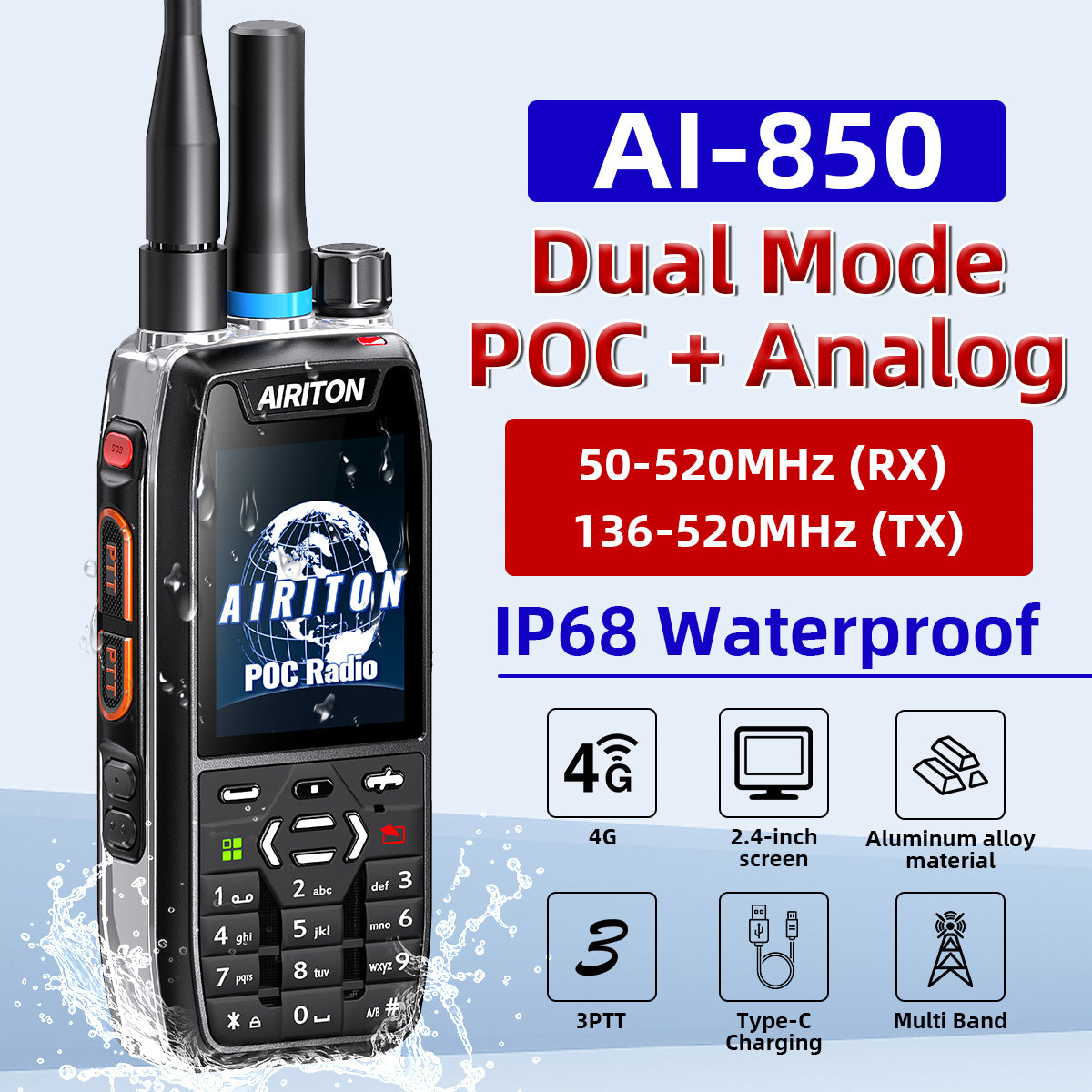 AIRITON RADIO AI-850 4G LTE POC & Analog Dual-Mode Two-Way Radio | Unlimited Range, Lifetime Free, IP68 Waterproof Walkie Talkie