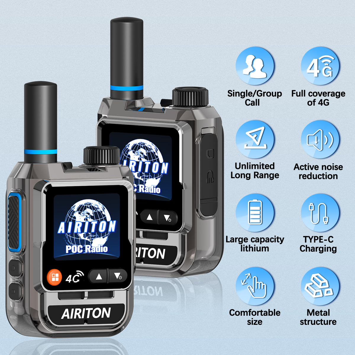 AIRITON RADIO AI-198 4G LTE POC Handheld Two-Way Radio | Unlimited Range, Lifetime Free, 1.77" Color Screen Walkie Talkie